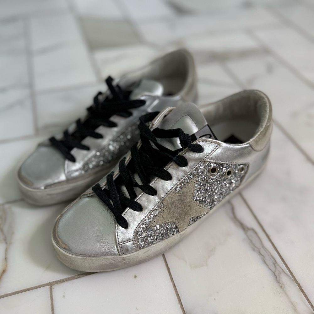Golden Goose Silver and Black Sneakers